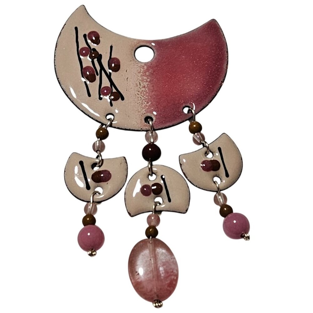 Handmade Pink Beige Ceramic Moon Pendant Glass Beads Metal Accents Fashion Women